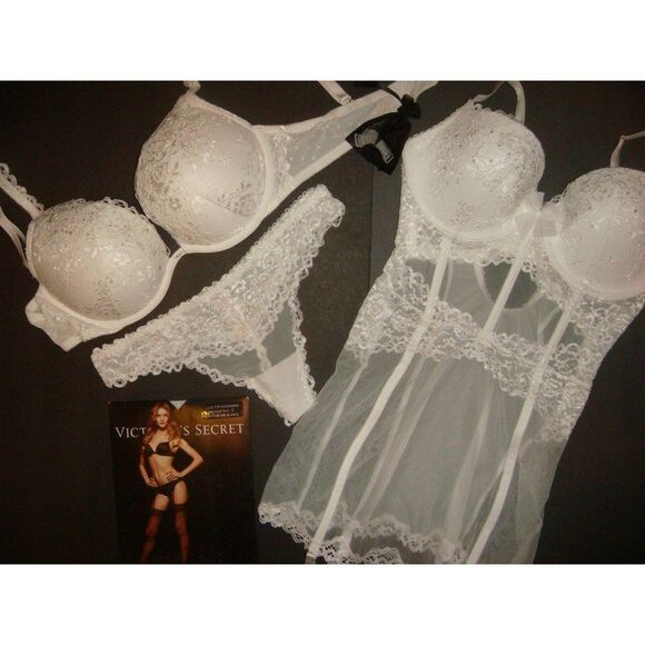 Victoria's Secret 34DD,36D BRA SET+garter SLIP BEAD white BRIDAL ANGEL FANTASIES - Picture 2 of 11